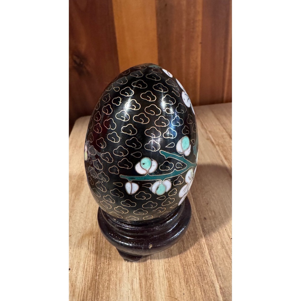 Vintage Cloisonne Egg Black Floral Display Stand Ornate Decorative Art Y1.2 - Picture 5 of 9